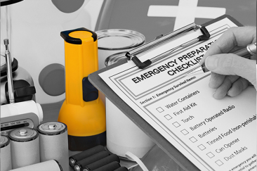Emergency preparation checklist lists off important survival items like water containers, first aid kid, torch, battery operated radio, batteries, tined food (non-perishable), can opener, and dust masks.