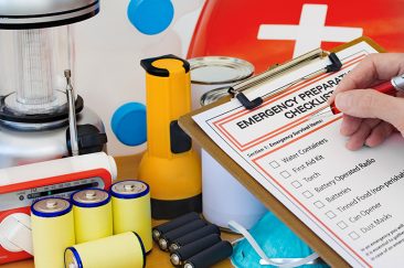 Emergency preparation checklist lists off important survival items like water containers, first aid kid, torch, battery operated radio, batteries, tined food (non-perishable), can opener, and dust masks.
