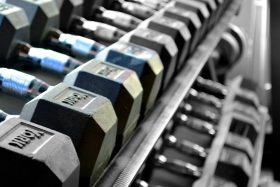 dumbbells on a rack