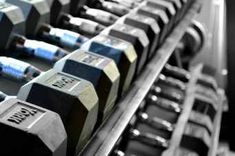 dumbbells on a rack